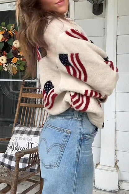 Flag Plush Zipper Long Sleeve Jacket