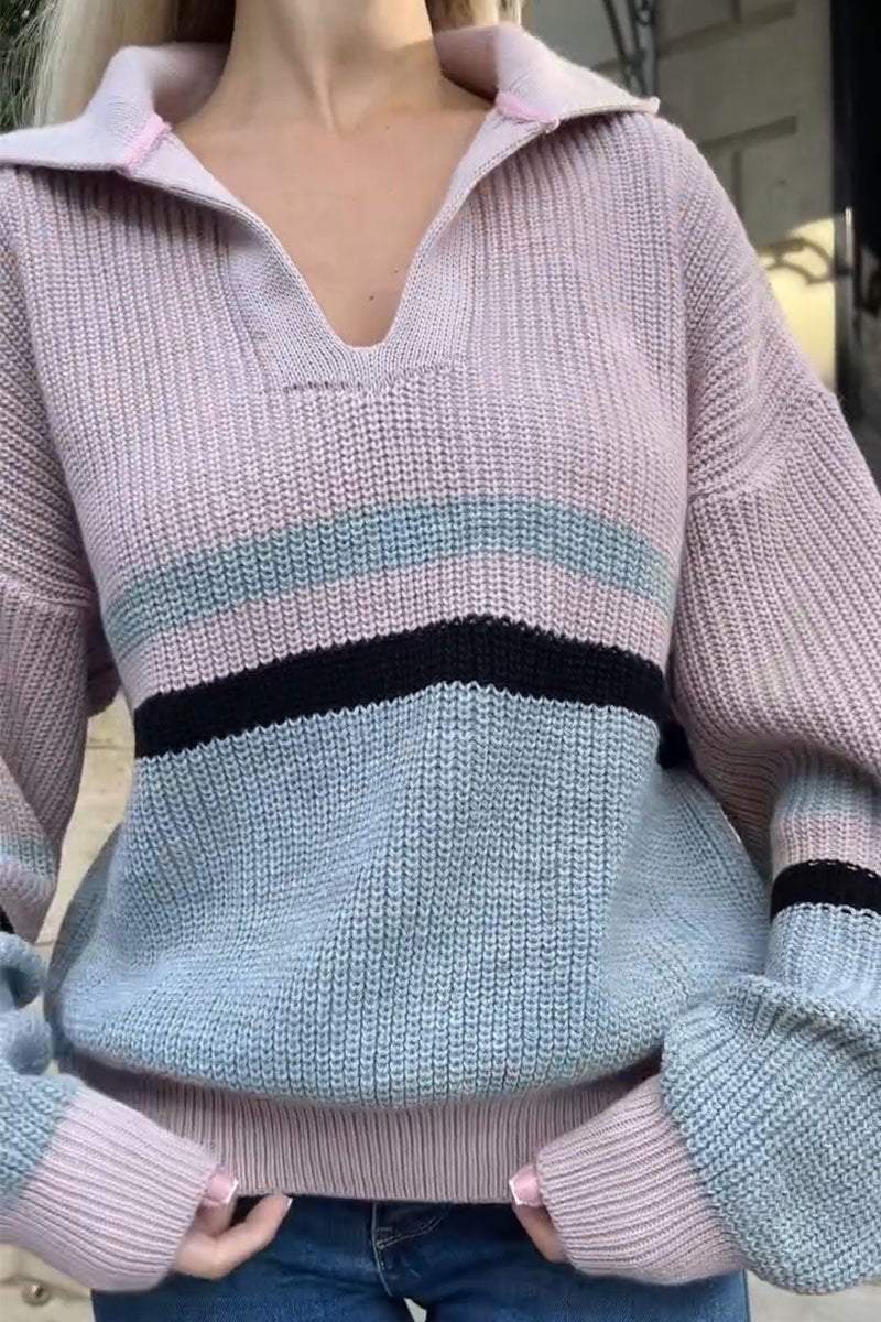 Women's Casual Colorblocked V-Neck Lapel Sweater