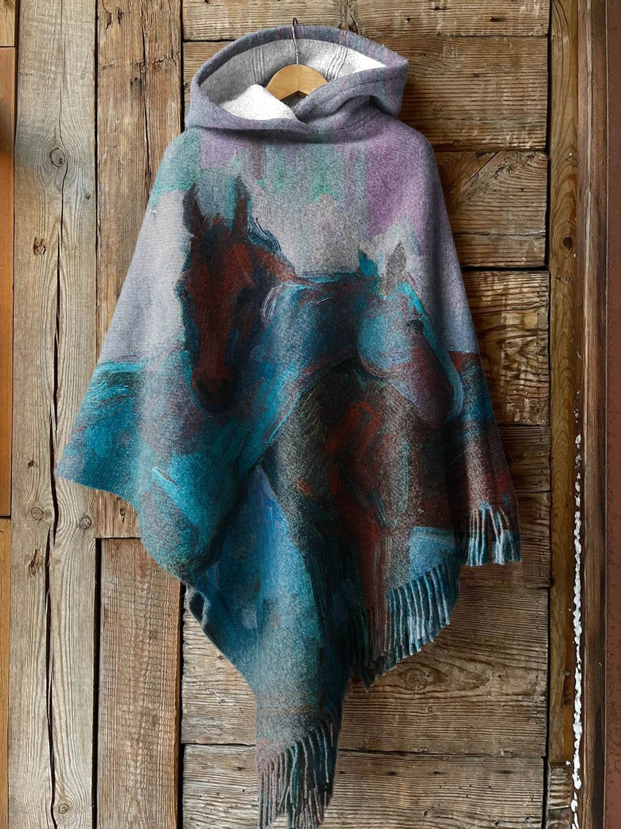 Women's Retro Two Oil Painting Horses Print Casual Knitted Blanket Poncho Hood Cape