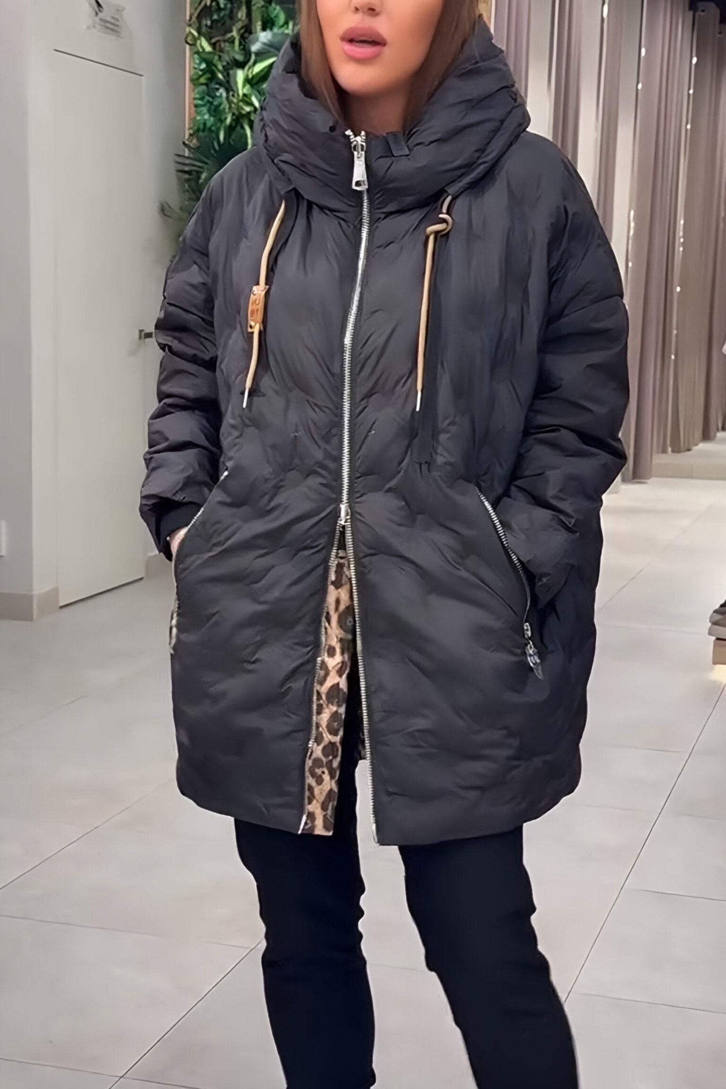 Women's patchwork leopard print zipper hooded cotton coat