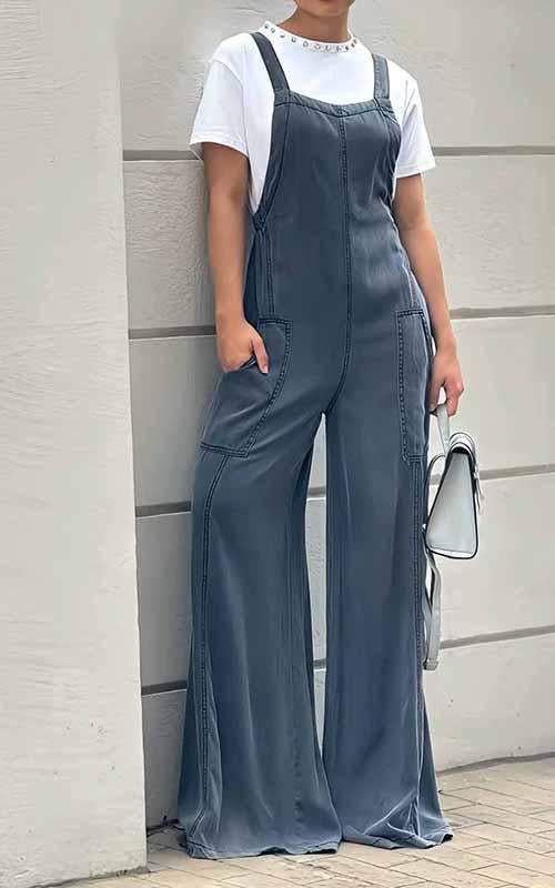 Women's Square Collar Sleeveless Solid Color Suspender Overalls