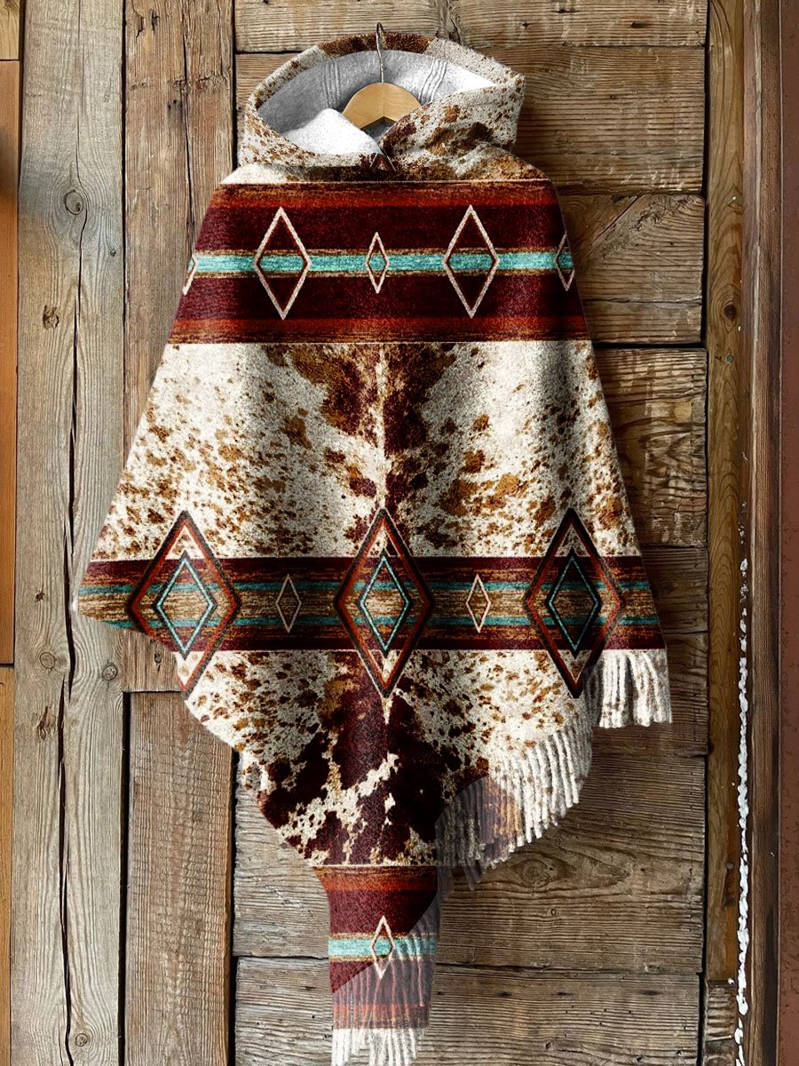 Women's Retro Abstract Spotted Geometric Art Print Casual Knitted Blanket Poncho Hood Cape