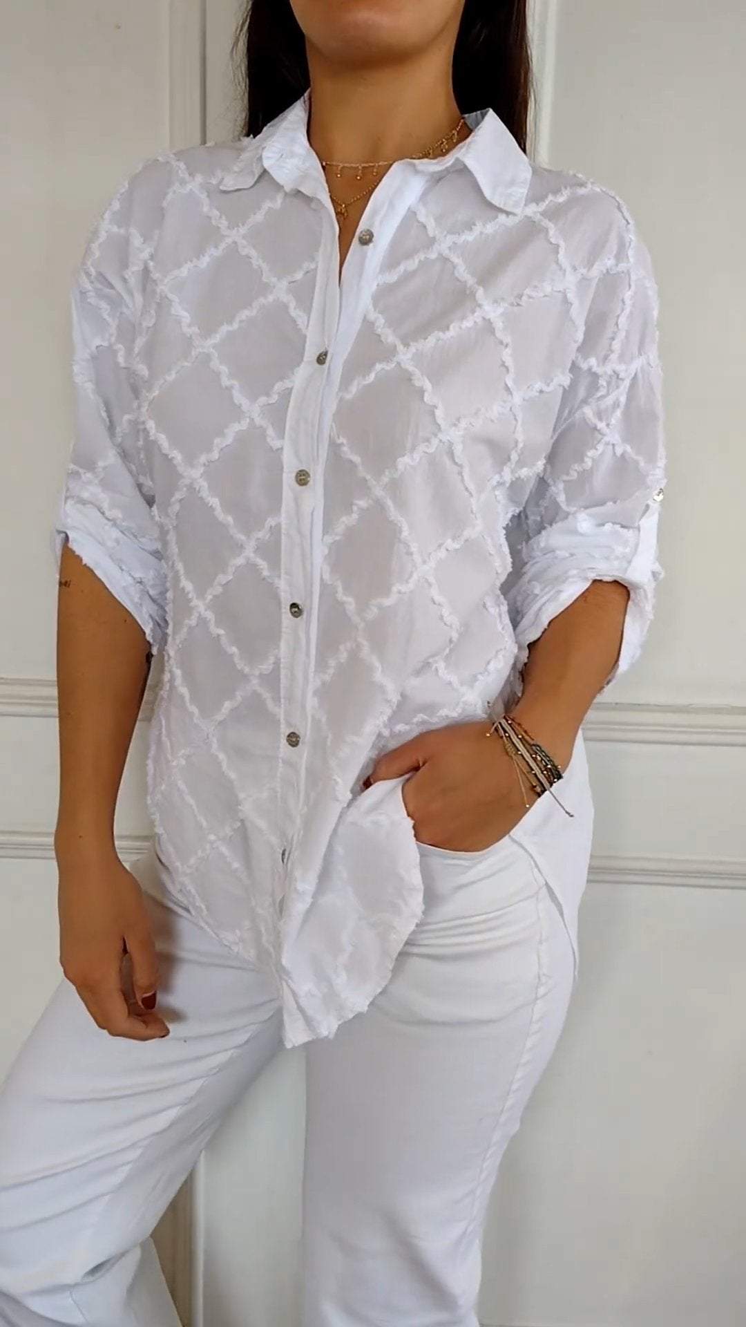 Women's Lapel Mid-sleeve Three-dimensional Diamond Casual Top