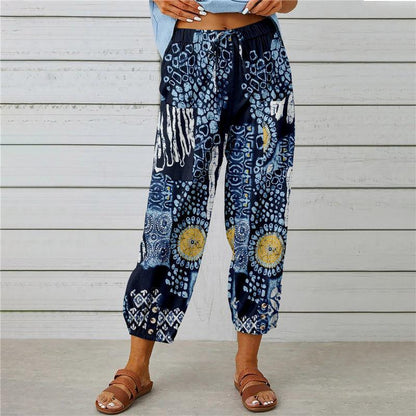 Cotton and Linen Drawstring Cropped Trousers with Retro Print