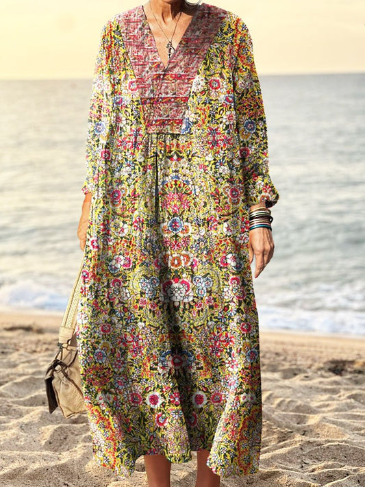 Women's Vintage Floral Print Dress Printed V Neck Long Sleeve Dress