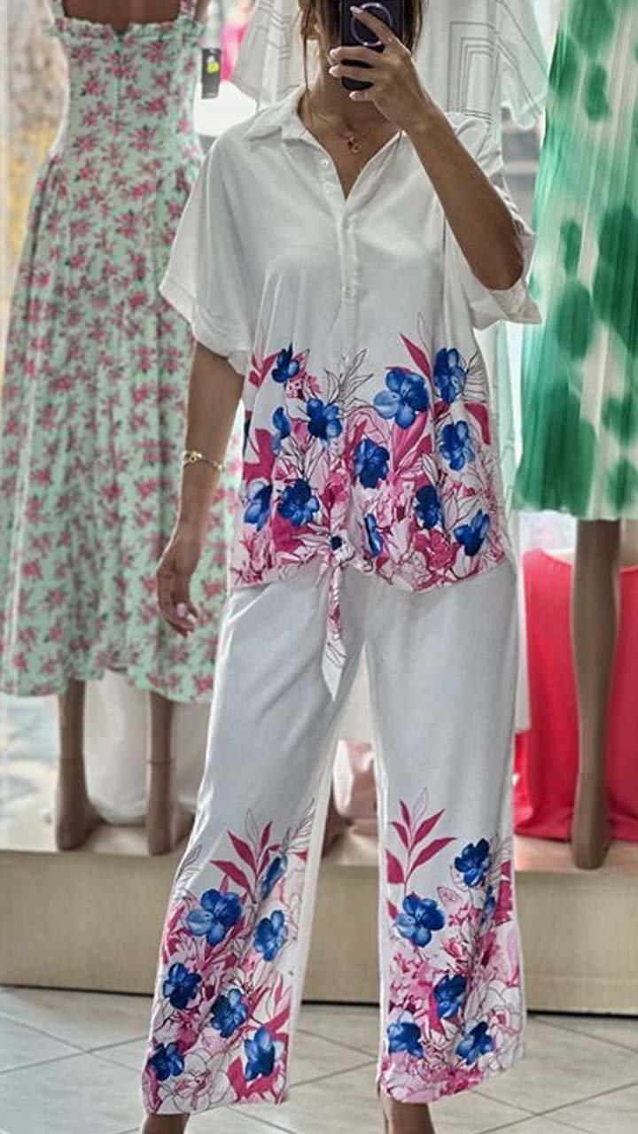 Women's Casual Floral Print Short Sleeve Suit