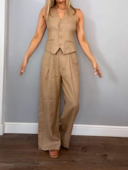 Women's Sleeveless Cotton and Linen Top and Pants Two-piece Set