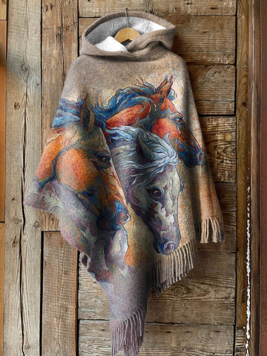 Women's Orange Horse Art Print Casual Knitted Blanket Poncho Hood Cape