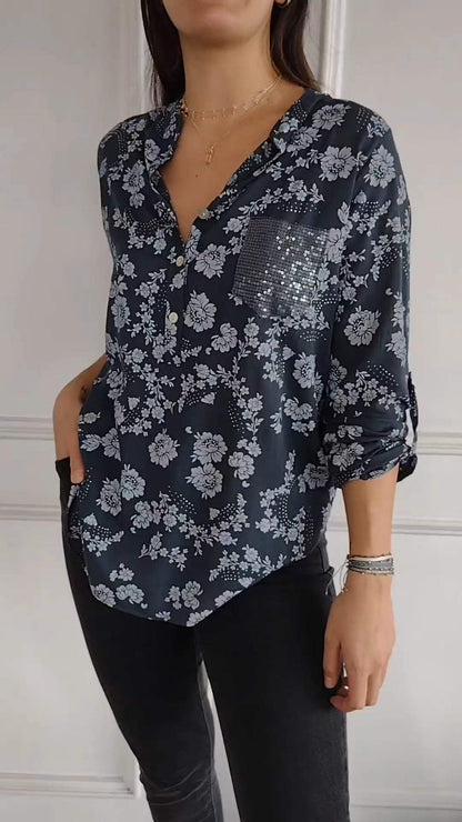 Women's V-neck Printed Mid-sleeve Casual Top