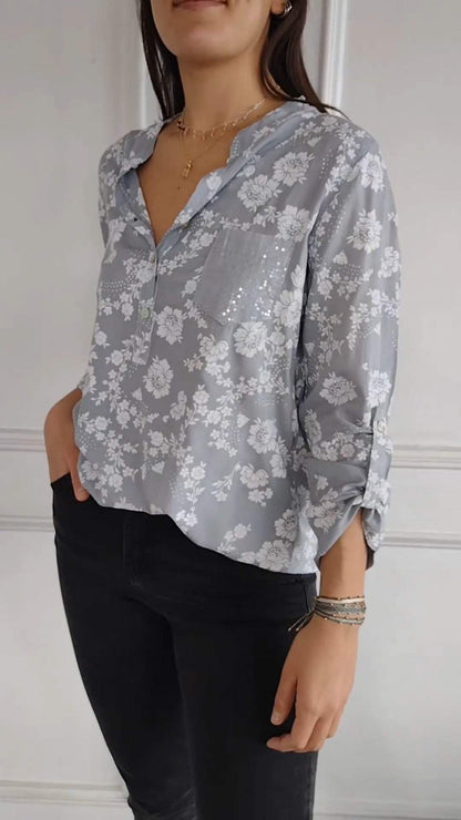 Women's V-neck Printed Mid-sleeve Casual Top