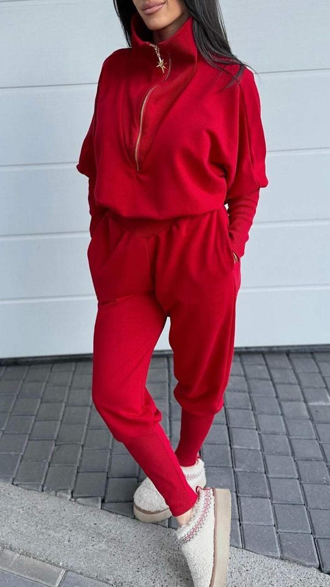 Ladies Lapel Half Zipper Long Sleeve Jumpsuit