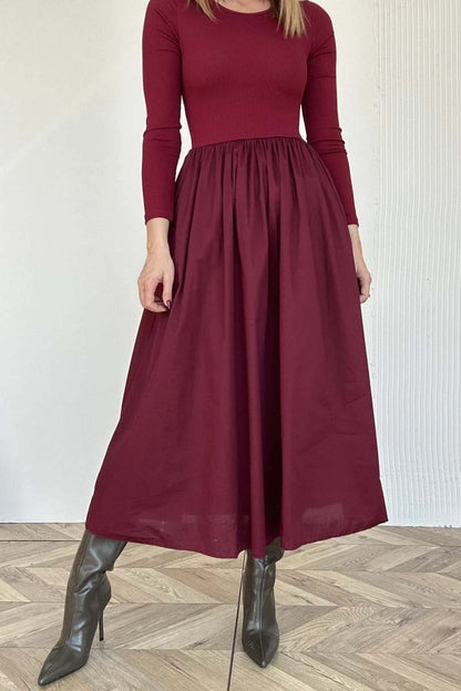 Women's solid color long sleeve knitted patchwork pleated dress