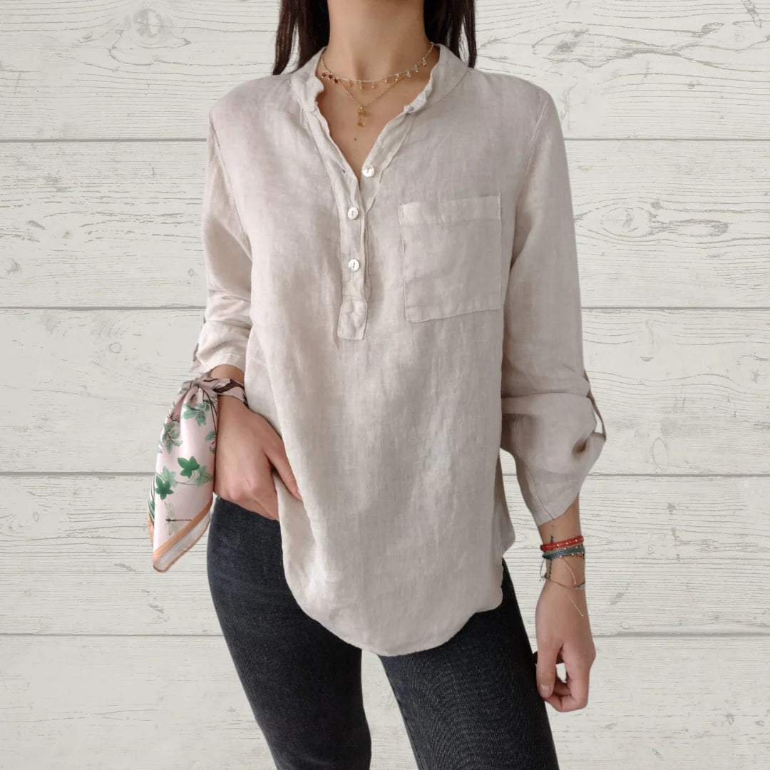 Women's V-neck Mid-sleeve Cotton and Linen Casual Top