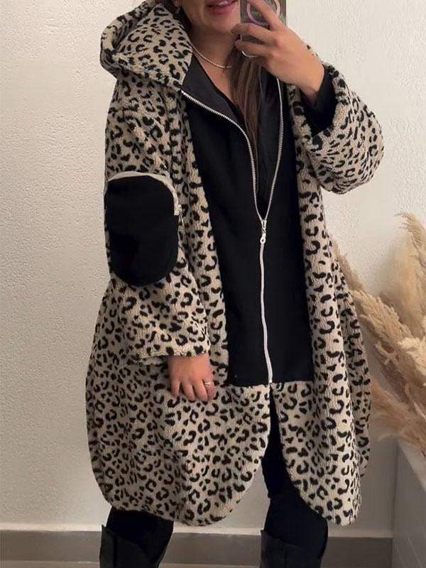 Women's Leopard Print Long Sleeve Hooded Coat