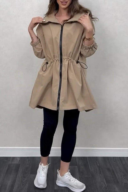 Women's Spring and Fall Solid Color Elastic Waist Trench Coat