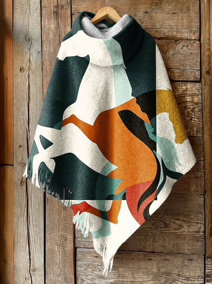 Women's Retro Abstract Warhorse Art Print Casual Knitted Blanket Poncho Hood Cape