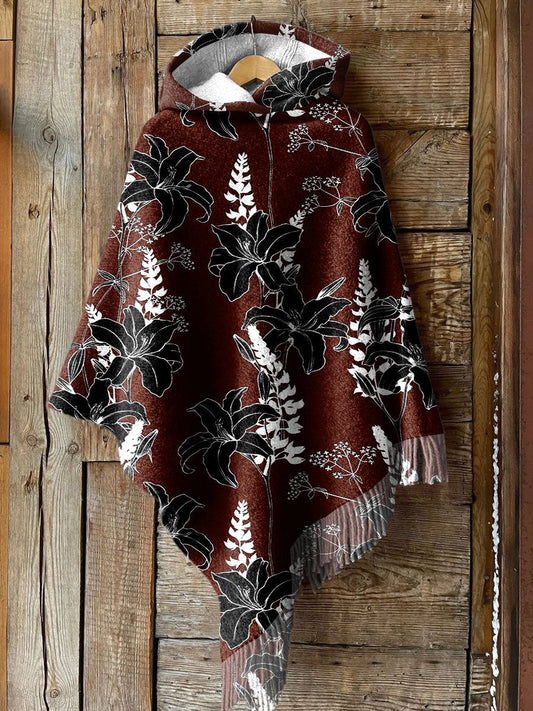 Women's Vintage Flower Art Print Casual Knitted Blanket Poncho Hood Cape