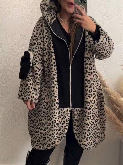 Women's Leopard Print Long Sleeve Hooded Coat