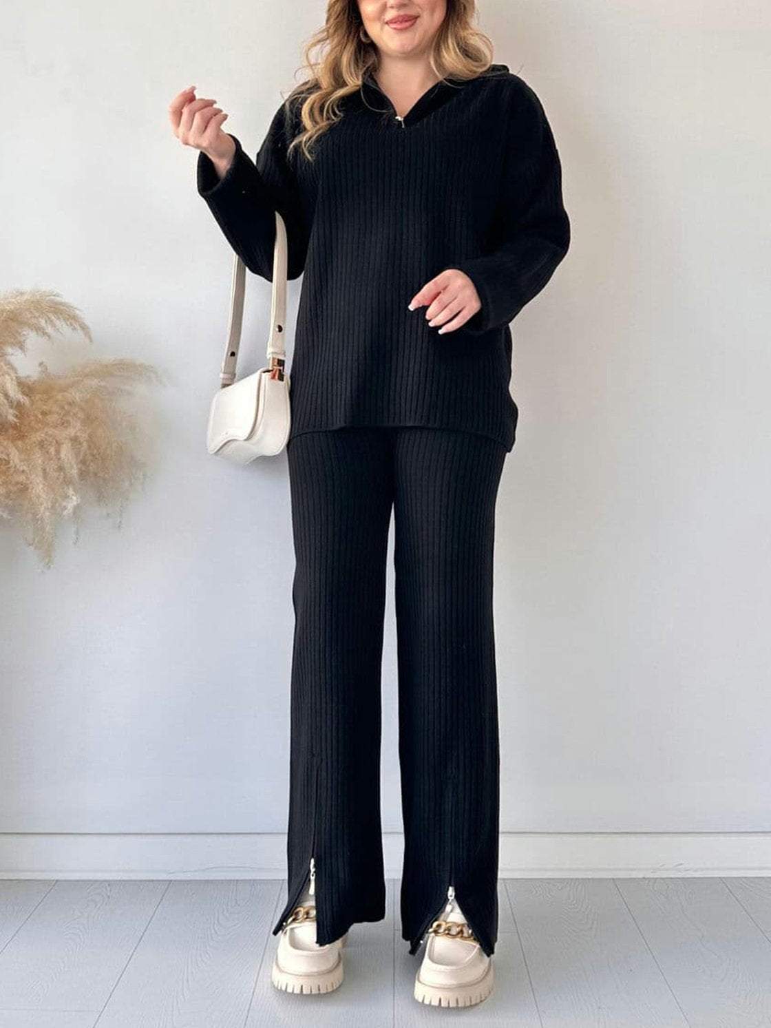 Autumn Solid Color Zipper Knitted Pants Suit