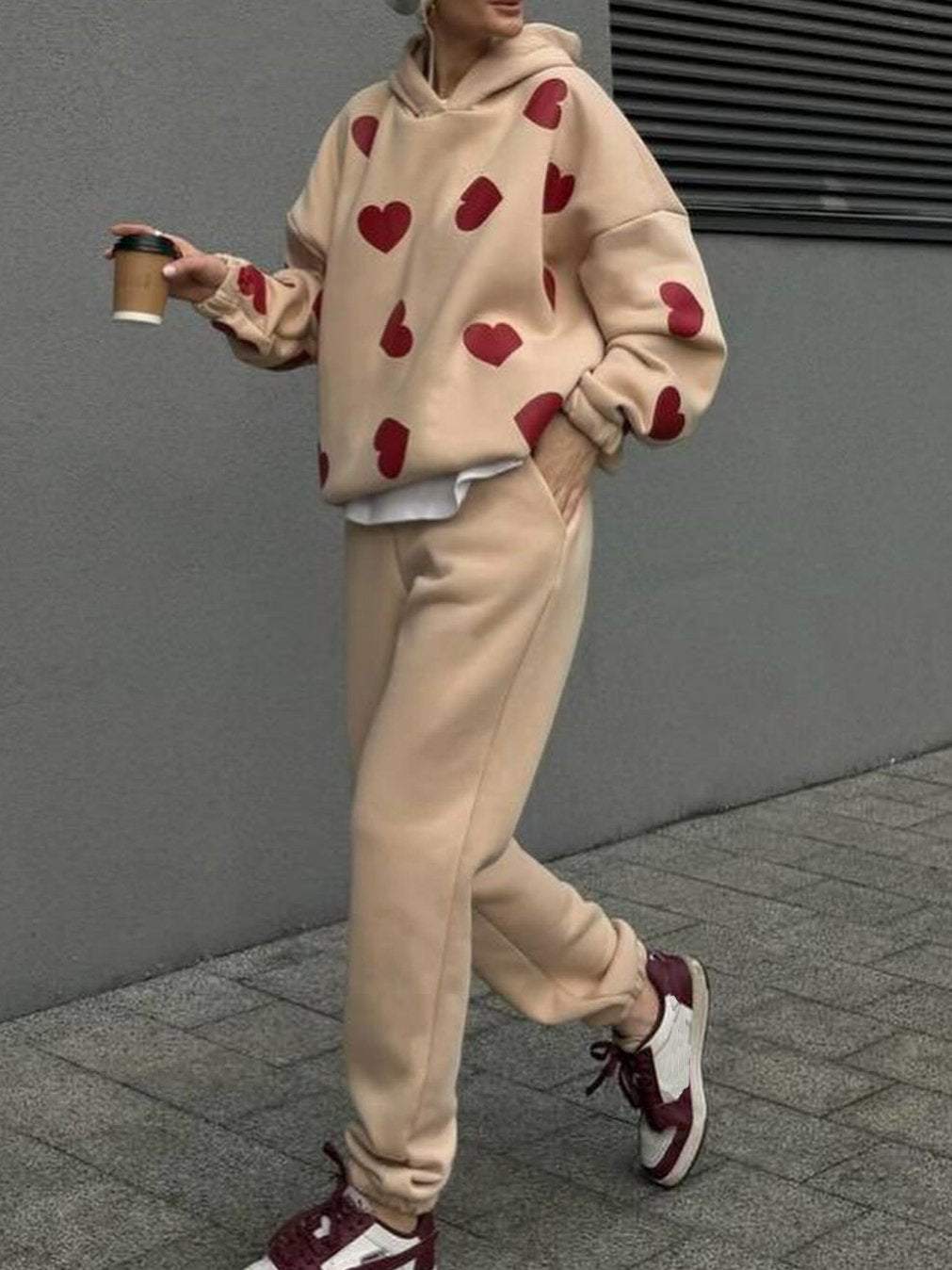 Women's Casual Heart Print Hooded Pants Set