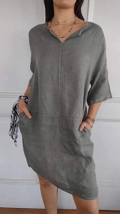 Women's V-neck Sleeve Cotton and Linen Casual Dress