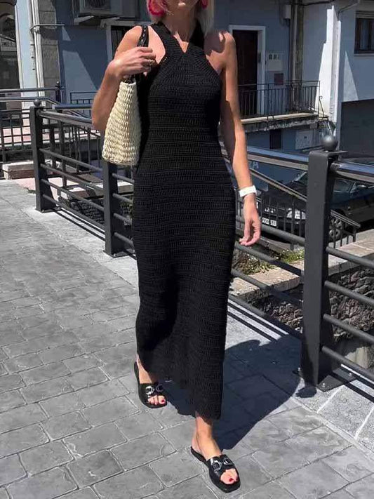 Women's V-neck Solid Color Sleeveless Knitted Dress