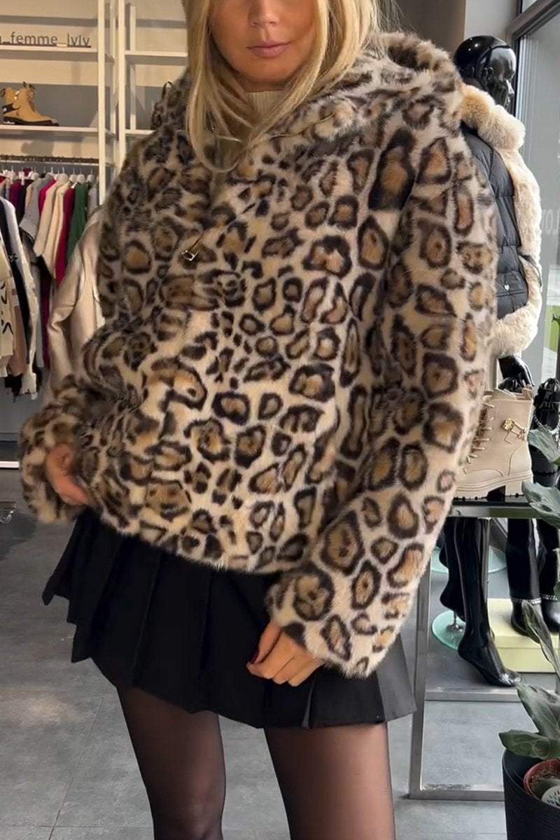 Women's Casual Hooded Leopard Fur Coat