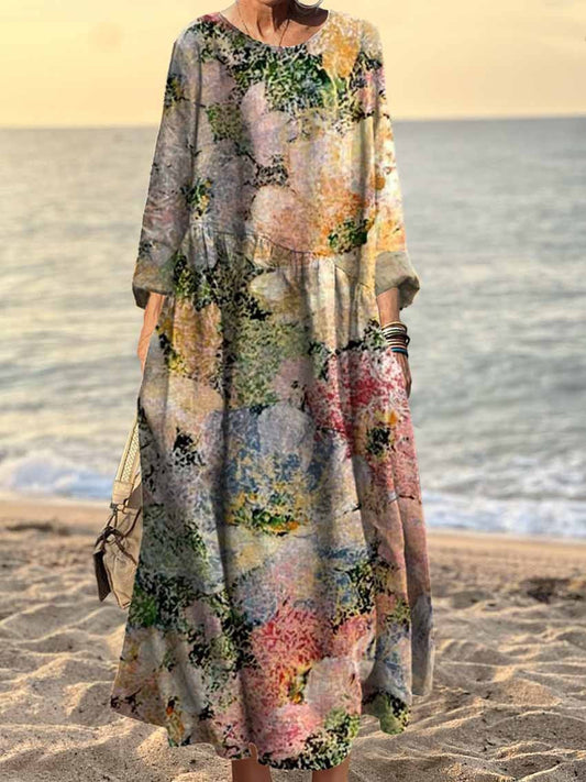 Women's Vintage Abstract Floral Art Print Pocket Cotton Dress