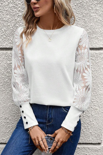 Women's Round Neck Knitted Lace Sleeve Patchwork Top