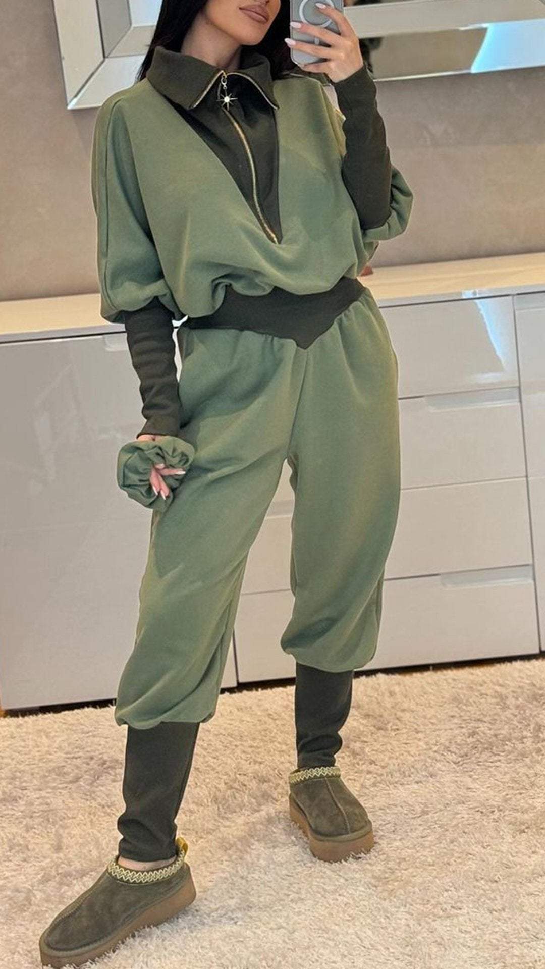 Ladies Lapel Half Zipper Long Sleeve Jumpsuit