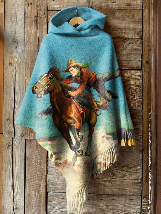 Women's West Vintage Art Print Casual Knitted Blanket Poncho Hood Cape