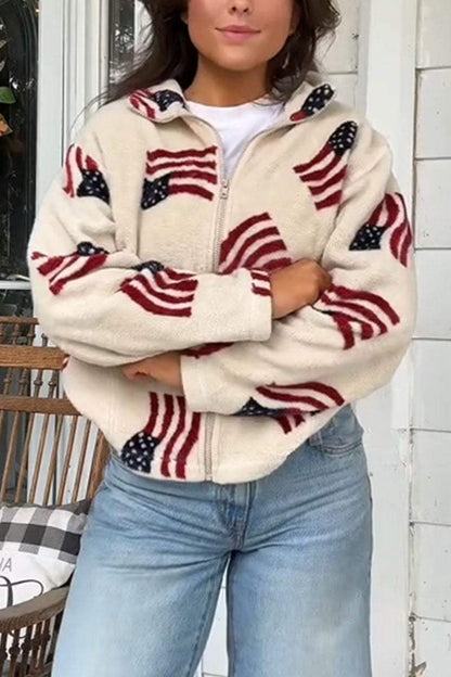 Flag Plush Zipper Long Sleeve Jacket