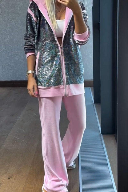 Women's Sequined Long-sleeved Hooded Sweatshirt Two-piece Set