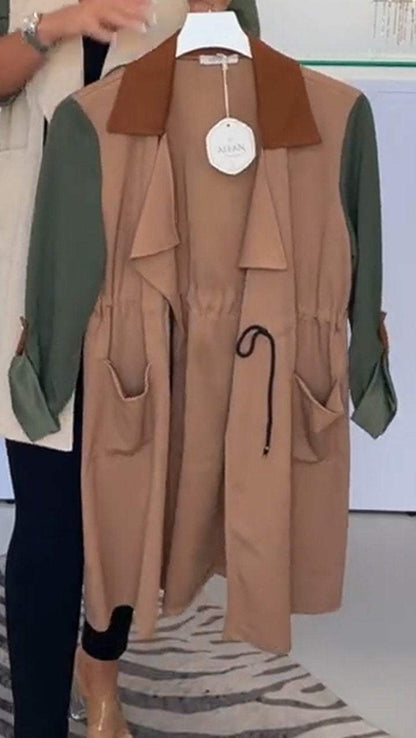 Women's Lapel Mid-length Sleeve Casual Contrast Color Coat