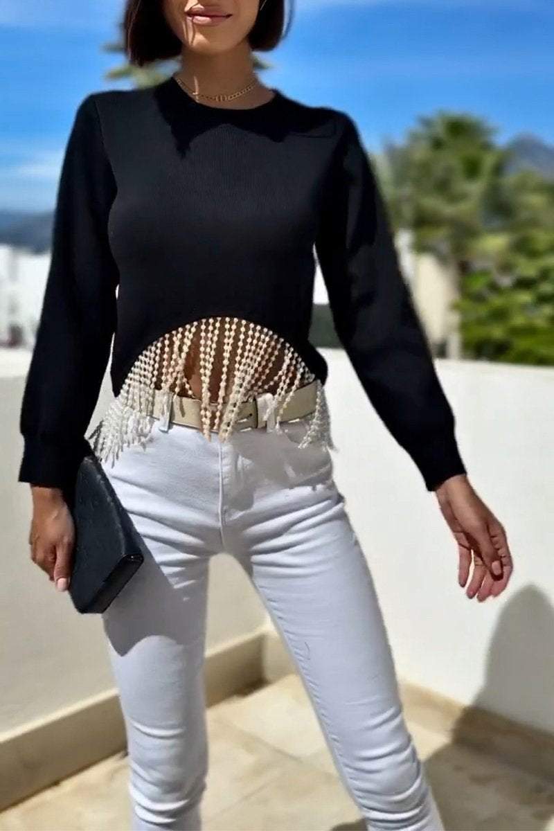 Women's Round Neck Long Sleeve Tassel Top