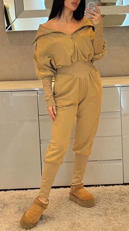 Ladies Lapel Half Zipper Long Sleeve Jumpsuit