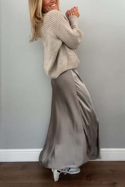 Women's turtleneck long sleeve sweater and satin skirt set