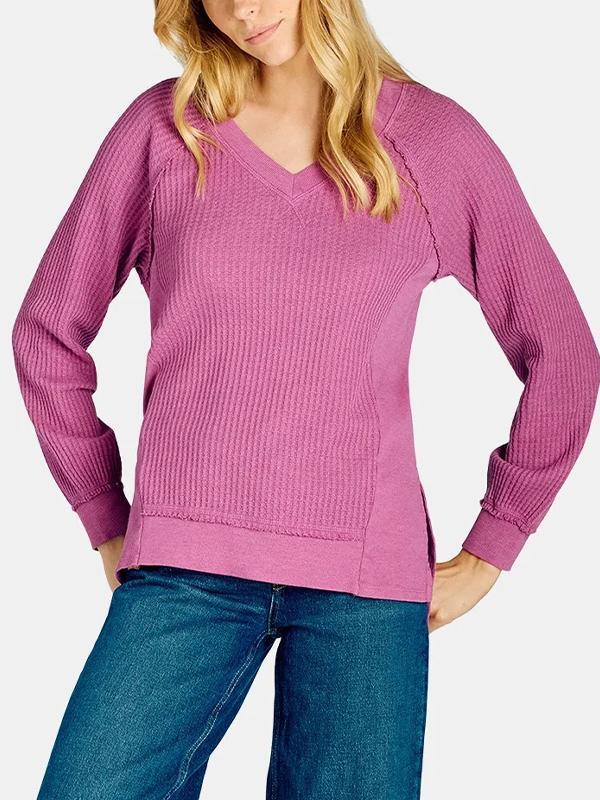 Women's V-neck Solid Color Waffle Top