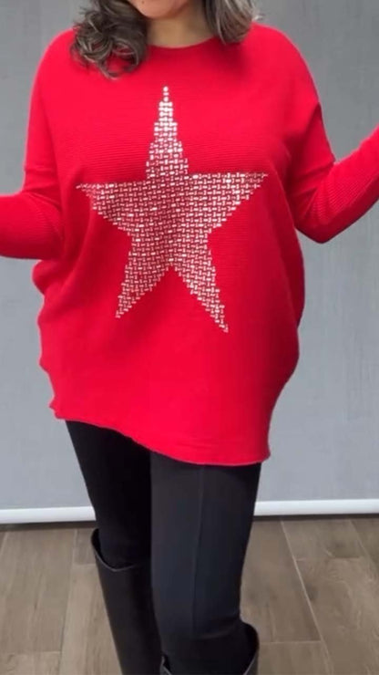 Women's Casual Five-pointed Star Silver Printed Pullover Long-sleeved Sweater