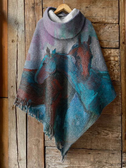 Women's Retro Two Oil Painting Horses Print Casual Knitted Blanket Poncho Hood Cape