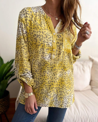 Women's V-neck Long-sleeved Leopard Print Casual Top