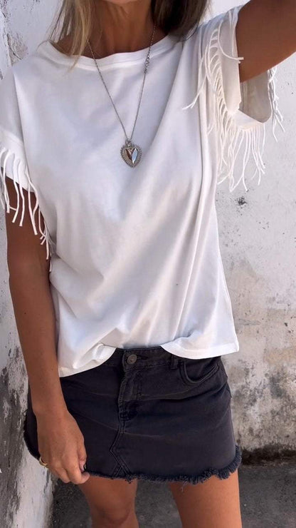 Women's Round Neck Tassel Short Sleeve Casual T-shirt