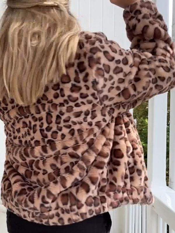 Women's Leopard Print Low Collar Long Sleeve Coat