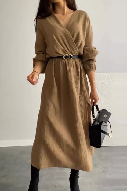 Women's V-neck solid color midi dress