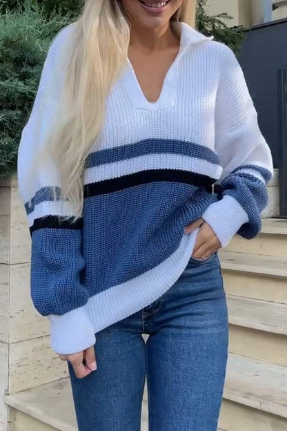 Women's Casual Colorblocked V-Neck Lapel Sweater