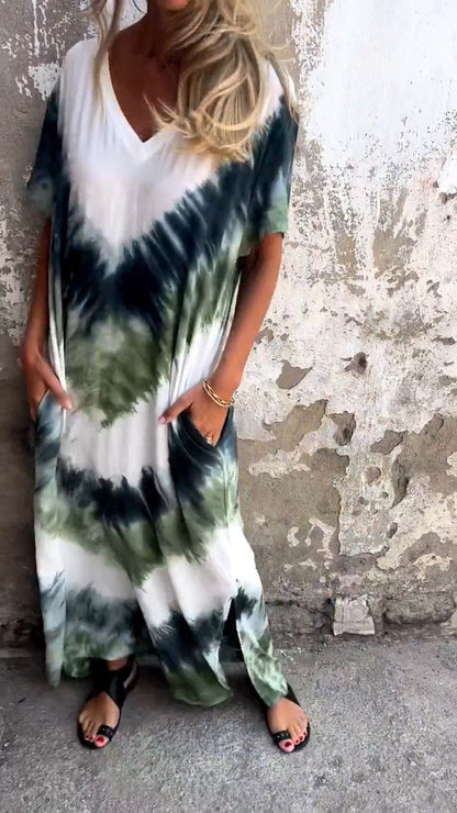 Tie-dye V-neck Long Comfortable Dress