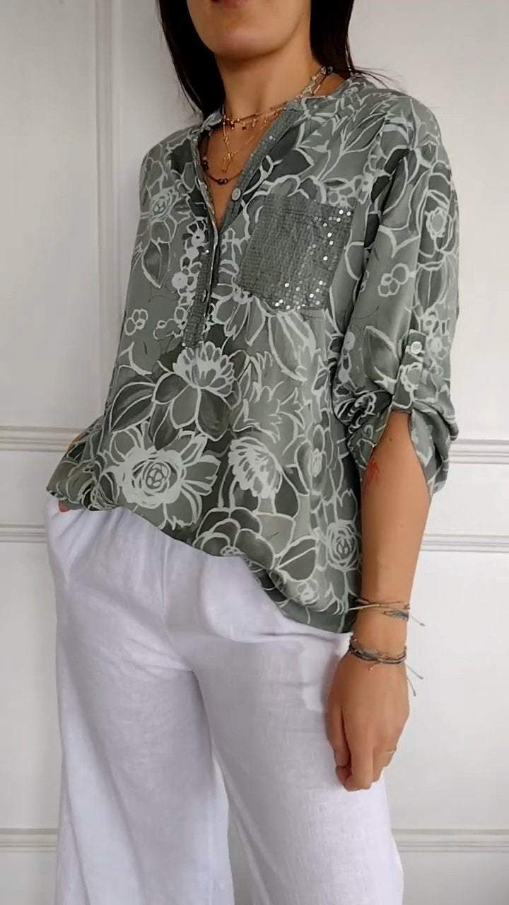 Women's V-neck Mid-sleeve Printed Sequined Top