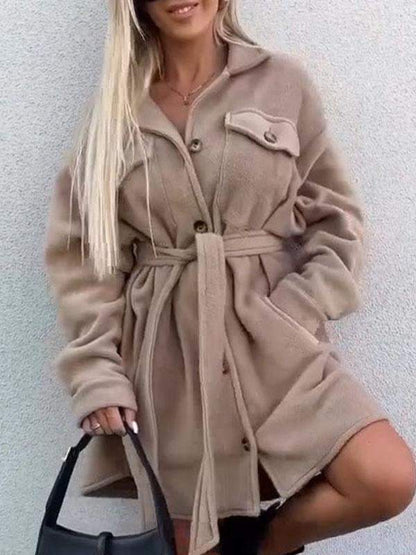 Women's Lapel Plush Waist Long Coat