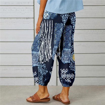 Cotton and Linen Drawstring Cropped Trousers with Retro Print