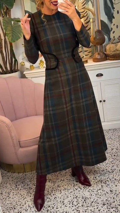 Women's Round Neck Long Sleeve Plaid Dress